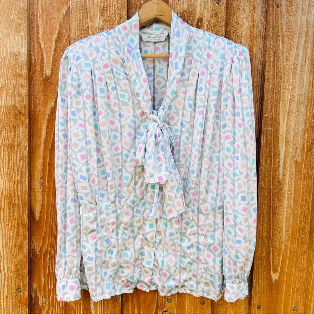 VTG 80s La Chine Classic Pastel Satin Blouse Bow Tie Shoulder Pads Size 10